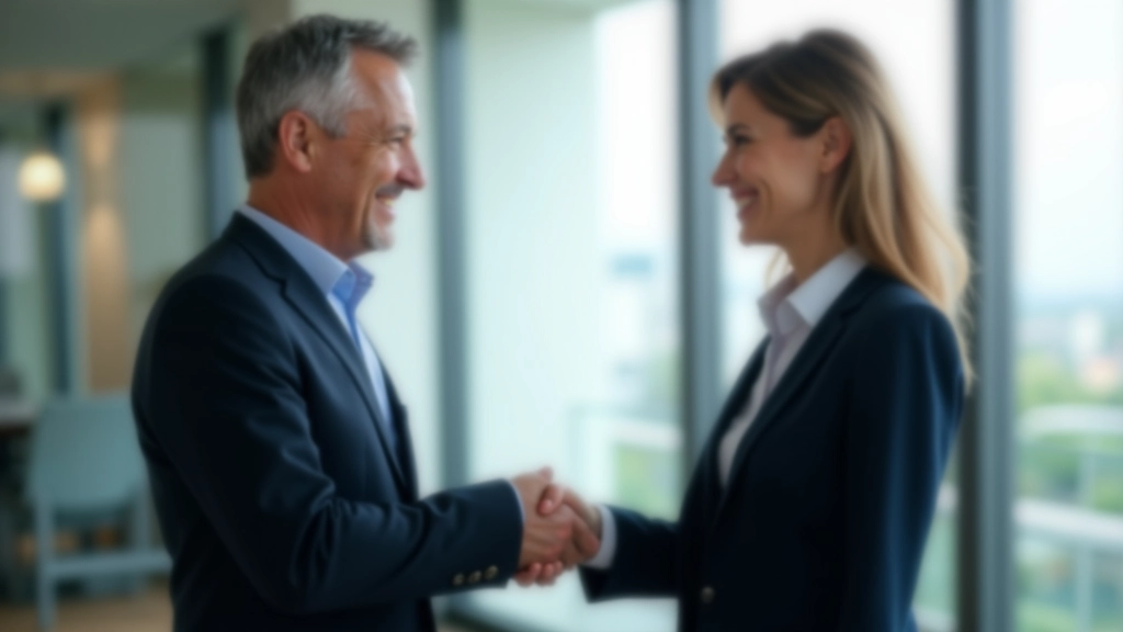 Man and woman shaking hands in professional setting with office building visible through window in background