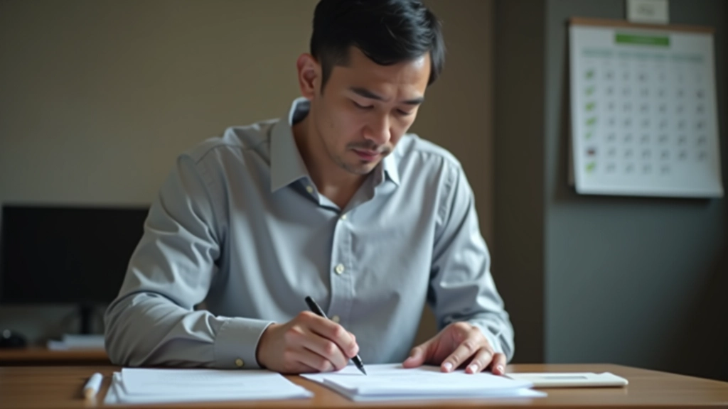 Professional man in business attire reviewing documents at desk with pen and calendar visible