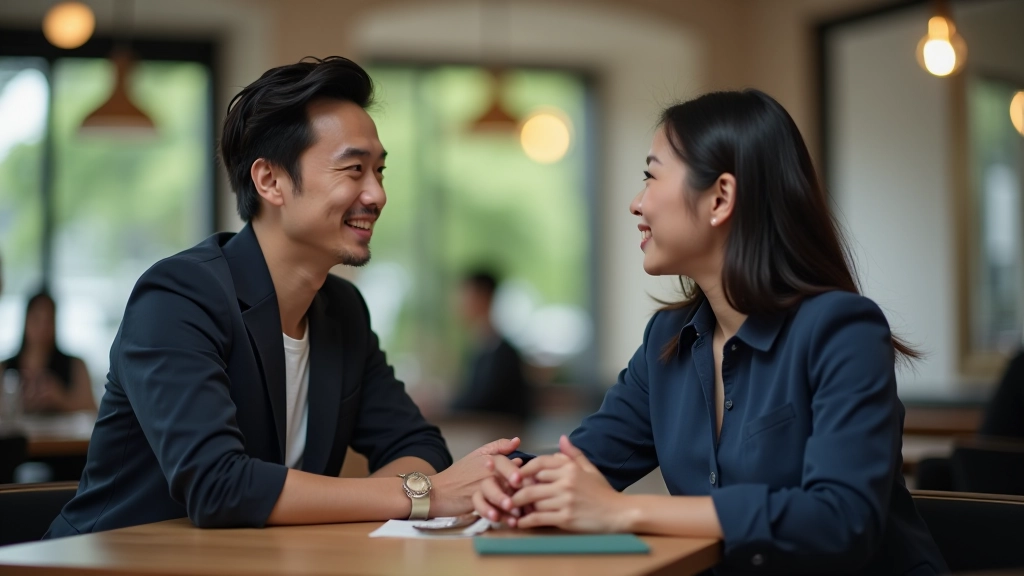 Two professionals in business casual attire having engaged conversation over coffee at modern café with natural window lighting