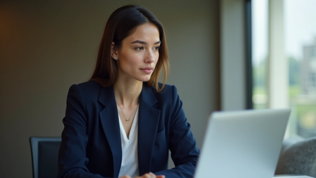 Professional woman in blazer sitting at desk with laptop, looking confident and thoughtful in modern workspace