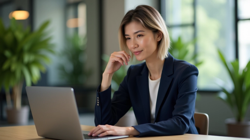 Professional woman in blazer sitting at modern desk, thoughtful expression, contemporary office environment