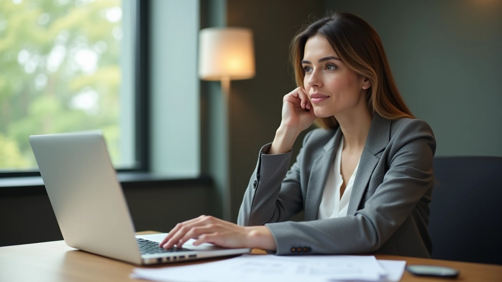 Professional workspace with laptop showing career assessment documents and skill mapping chart