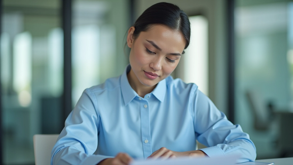 Professional woman reviewing career transition plan at modern office desk with notebook and coffee